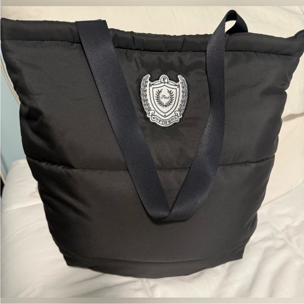 Pink Victorias Secret Bubble Black Tote Bag with Embroidered Crest